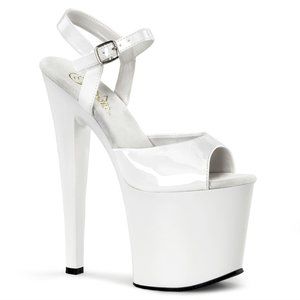 Pleaser TAB709 7.5" Heel, 3.5" Platform White Patent Platform Ankle Strap Sandal